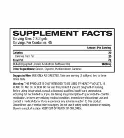 Supplement facts and ingredients of Cellucor Cor Performance CLA for serving size of 2 softgels with 45 servings per container