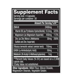 Supplement facts and ingredients panel of Cellucor Cor Performance Zma for serving size of 4 capsules with 30 servings per container