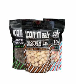 Three packs of Icon Meals protein popcorn power contains 10 g protein per pack