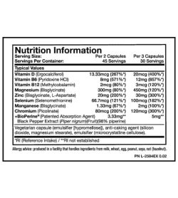 Nutrition information and allergy advice panel of Mutant zm8 zma for serving size of 2 capsules and 3 capsules