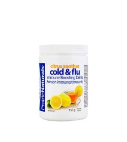 White container with white lid of Prairie Naturals Citrus Soother Cold & Flu immune boosting drink contains 150 g