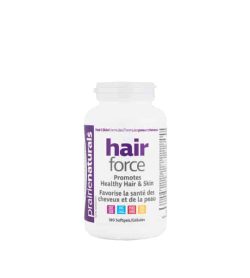 White bottle with white cap of Prairie Naturals Hair Force Promotes Healthy Hair & Skin contains 100 softgels