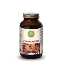 Brown bottle with shiny lid of Purica Ashwagandha balance, strengthen, restore contains 120 vegan caps