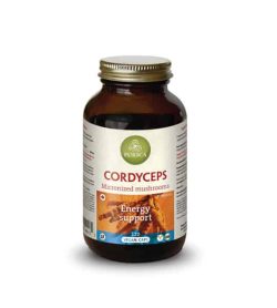 Brown bottle with shiny lid of Purica Cordyceps micronized mushrooms energy support contains 120 vegan caps