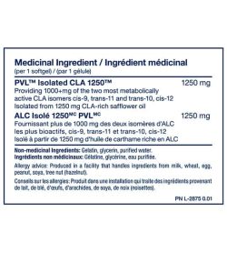 Panneau d'ingrédients médicinaux du PVL CLA 1250 pour une portion de 1 gélule illustré en texte bleu sur fond blanc