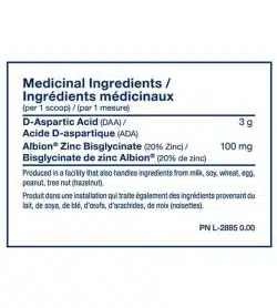 Medicinal ingredients panel of PVL DAA Aspartic Acid for serving size of 1 scoop