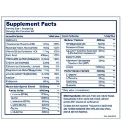 Supplement facts and ingredients panel of PVL Game ADE for serving size of 1 scoop (7 g)