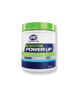 Blue and white container with green lid of PVL Pre-Workout Power Up with Blue Raspberry flavour contains 600 g
