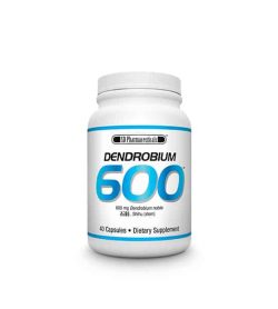 White and blue container with white lid of SD Pharmaceuticals Dendrobium 600 contains 40 capsules of dietary supplement
