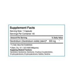 Supplement facts panel of SD Pharmecuticals Dendrobium-600 for a serving size of 1 capsule with 40 servings per container