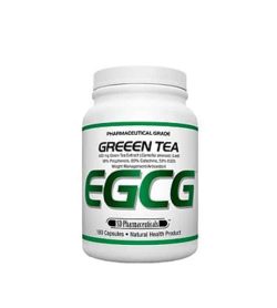 White and green container with white lid of SD Pharmaceuticals Greeen Tea EGCG contains 180 capsules