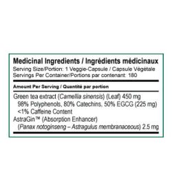 Medicinal ingredients of SD Pharmecuticals EGCG for a serving size of 1 veggie-capsule with 180 servings per container
