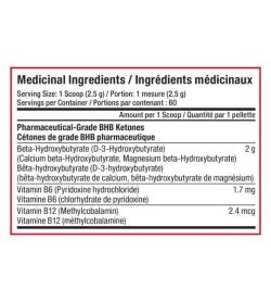 Medicinal ingredients panel of SD Pharmecuticals Ketones for a serving size of 1 scoop (2.5 g) with 60 servings per container