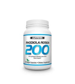 White and blue container with white lid of SD Pharmaceuticals Rhodiola Rosea 200 contains 60 veggie capsules