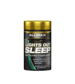 Black container with gold cap of Allmax Lights Out Sleep Fast Acting contains 60 capsules of dietary supplement