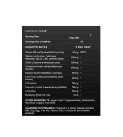 Tableau des valeurs nutritives et des ingrédients d'Allmax Nutrition Lights Out Sleep pour une portion de 2 gélules avec 30 portions par récipient