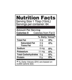 Nutrition facts panel of Bragg Organic Apple Cider Vinegar for serving size of 1 Tbsp (15 ml)