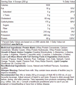 Nutrition facts and ingredients panel of Perfect Sports Hulk HD Gainer for serving size of 4 scoops (250 g)