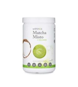 White and green container with white lid of WithinUs Matcha Misto + Collagen shown in white background