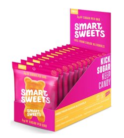 A pink and orange box of Smart Sweets Fruity Gummy Bears box