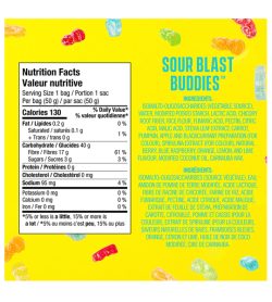 A yellow and cyan label of Smart Sweets Sour Blast Buddies facts ingredients