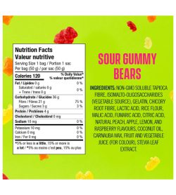 A green and pink label of Smart Sweets Sour Gummy Bears facts ingredients