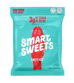 A cyan and red pack of Smart Sweets Sweet Fish 50g pack