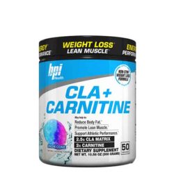White and blue container with black lid of BPI Health CLA+ Carnitine with Snow Cone flavour contains 50