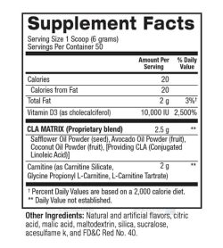 Supplement facts and ingredients panel of BPI Sports CLA Plus Carnitine for serving size of 1 scoop (6 grams) with 50 servings per container