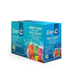 Blue box of Ener-C Variety Pack 1000 mg Vitamin C with 3 different flavours shown in white background