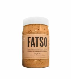 Brown bottle with white cap of Fatso Hybrid High Performance Peanut Butter contains 500 g