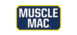 muscle mac logo white font with blue background and yellow border
