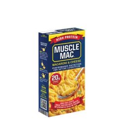 Blue and yellow box of Muscle Mac Macaroni & Cheese Performance Nutrition for Active Lifestyle contains 20 g protein