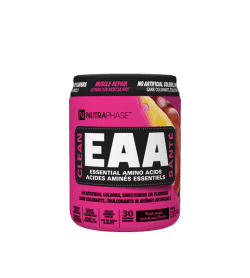 Pink container with black cap of NutraPhase Clean EAA with Fruit Punch flavour containing 30 servings