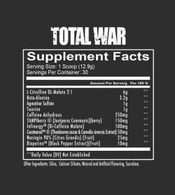 Supplement facts and ingredients panel of Redcon1 Total War Pre-workout for serving size of 1 scoop (12.9 g) with 30 servings per container