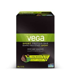 Black and green box of Vega Sport Protein Bar with Crispy Mint Chocolate flavour contains 840 g 12x70 g