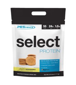 One white and black pouch of PEScience–Select Protein 55 servings Snickerdoodle flavour