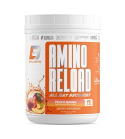 One white and orange container of Balistic Labs Amino Reload 90 servings PEACH MANGO flavour