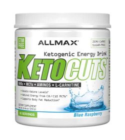 White container with white cap of Allmax KetoCuts Ketogenic Energy Drink with Blue Raspberry flavour contains 30 servings
