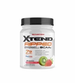 White container with black lid of Scivation Xtend Ripped BCAA contains 30 servings and 7 g BCAA