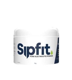 White container with shiny white cap of SipFit pure electrolyte powder contains 75 g shown in white background