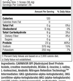 Supplement facts and ingredients panel of Musclemeds Carnivor for serving size of 1 scoop (36.4 g) with 28 servings per container