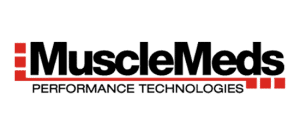 Mueclemeds logo black bold font with red line below performance technologies