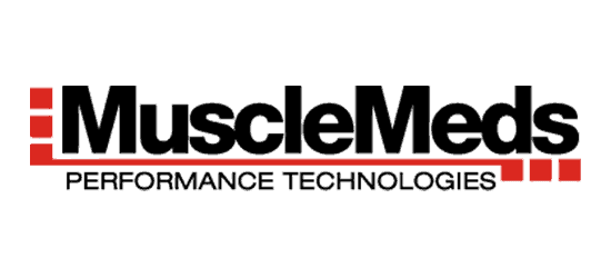 Mueclemeds logo black bold font with red line below performance technologies