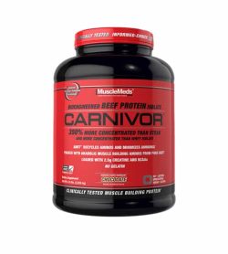 Black and red container with red cap of MuslceMeds Carnivor Bioengineered Beef Protein Isolate with Chocolate flavour