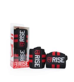 2 in a box and 2 outside shown in white background of Rise Wrist Wraps Red