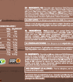 Nutritional information and ingredients panel of Carb KIlla Biscuit Nutrition Panel DblChoc for serving size 25 g biscuit