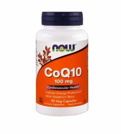 White and orange bottle with purple cap of NOW CoQ10 100 mg Cardiovascular Health* contains 90 veg capsules