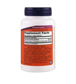 White and orange bottle showing supplement facts and ingredients label of NOW CoQ10 in white background