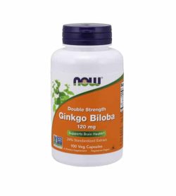 White and orange bottle with purple cap of NOW Double Strength Ginkgo Biloba 120 mg Supports Brain Health* contains 100 veg capsules